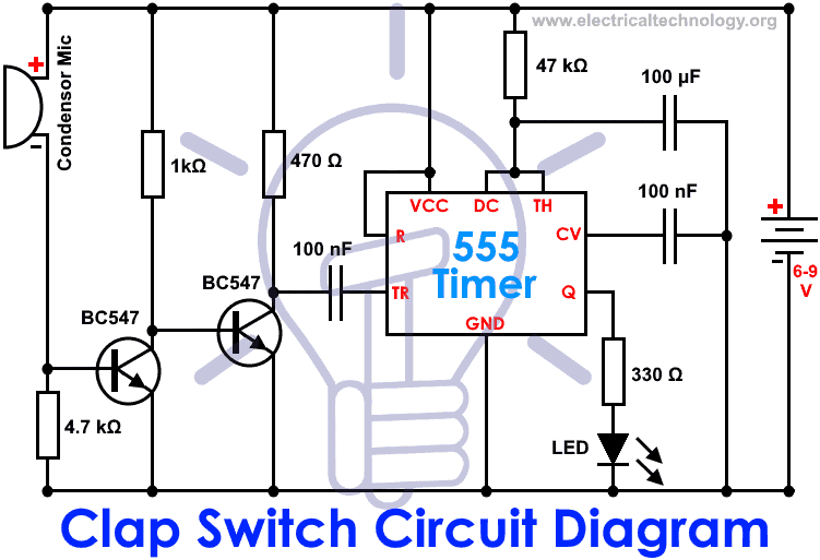 Clap Switch Circuit Using Ic 555 Timer Amp Without Timer