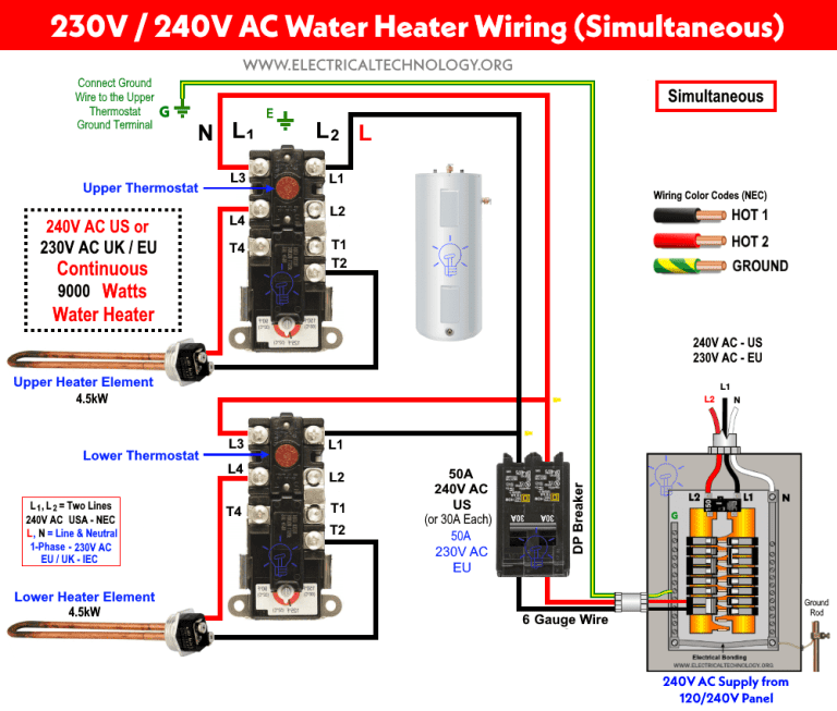 How to Wire 240V - 230V Simultaneous Water Heater Thermostat?